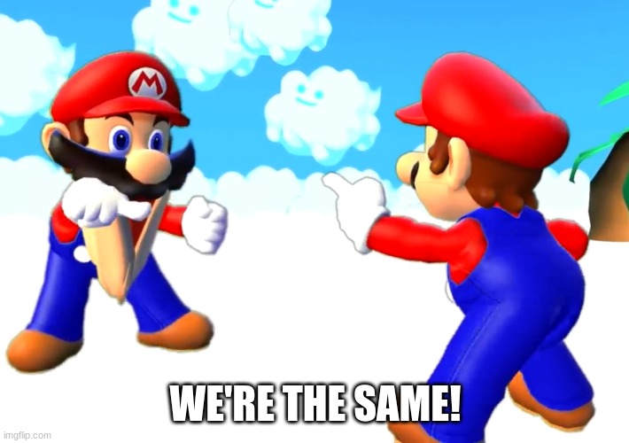 Mario’s pointing at each other | WE'RE THE SAME! | image tagged in mario s pointing at each other | made w/ Imgflip meme maker