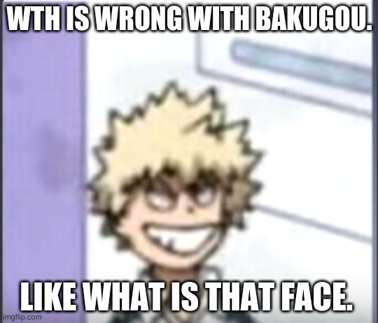 Bakugo sero smile | WTH IS WRONG WITH BAKUGOU. LIKE WHAT IS THAT FACE. | image tagged in bakugo sero smile | made w/ Imgflip meme maker