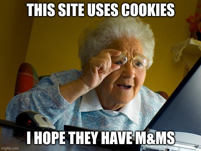 Grandma Finds The Internet | THIS SITE USES COOKIES; I HOPE THEY HAVE M&MS | image tagged in memes,grandma finds the internet | made w/ Imgflip meme maker