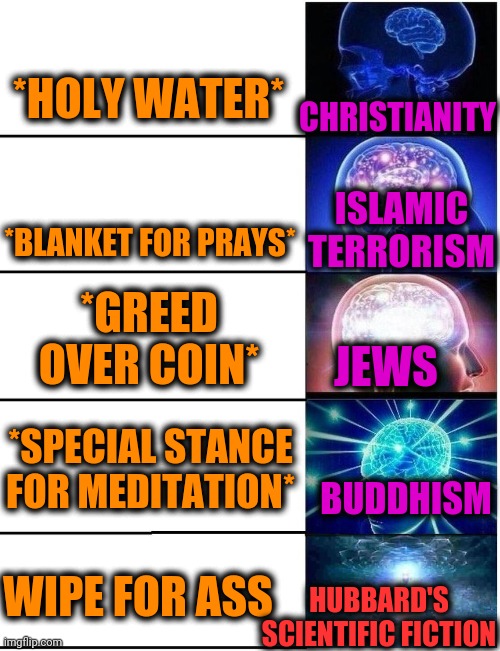 -As it requires time. |  *HOLY WATER*; CHRISTIANITY; ISLAMIC TERRORISM; *BLANKET FOR PRAYS*; *GREED OVER COIN*; JEWS; *SPECIAL STANCE FOR MEDITATION*; BUDDHISM; HUBBARD'S SCIENTIFIC FICTION; WIPE FOR ASS | image tagged in expanding brain 5 panel,god religion universe,buddhism,buddy christ,islamophobia,israel jews | made w/ Imgflip meme maker