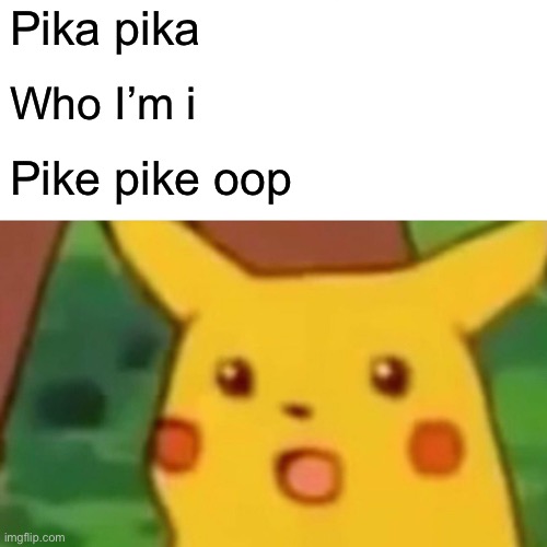 Surprised Pikachu | Pika pika; Who I’m i; Pike pike oop | image tagged in memes,surprised pikachu | made w/ Imgflip meme maker