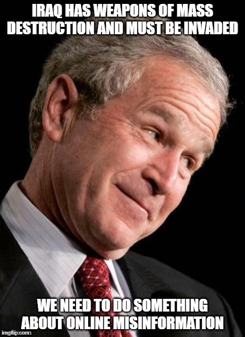 George W. Bush Blame  | IRAQ HAS WEAPONS OF MASS DESTRUCTION AND MUST BE INVADED; WE NEED TO DO SOMETHING ABOUT ONLINE MISINFORMATION | image tagged in george w bush blame | made w/ Imgflip meme maker