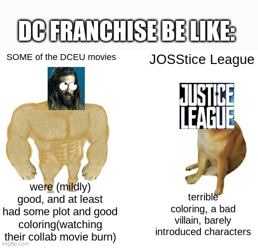 R.I.P DCEU Franchise | DC FRANCHISE BE LIKE:; SOME of the DCEU movies; JOSStice League; were (mildly) good, and at least had some plot and good coloring(watching their collab movie burn); terrible coloring, a bad villain, barely introduced characters | image tagged in memes,buff doge vs cheems | made w/ Imgflip meme maker