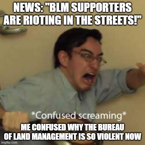 me everytime i hear blm | NEWS: "BLM SUPPORTERS ARE RIOTING IN THE STREETS!"; ME CONFUSED WHY THE BUREAU OF LAND MANAGEMENT IS SO VIOLENT NOW | image tagged in politics | made w/ Imgflip meme maker