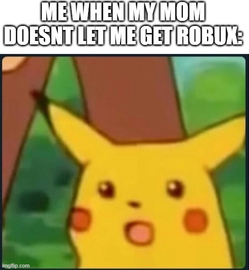 Surprised Pikachu | ME WHEN MY MOM DOESNT LET ME GET ROBUX: | image tagged in surprised pikachu | made w/ Imgflip meme maker