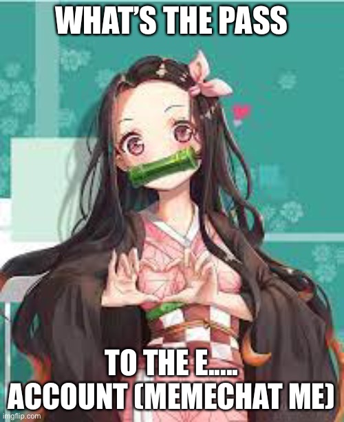 Pwease ;-; | WHAT’S THE PASS; TO THE E..... ACCOUNT (MEMECHAT ME) | image tagged in nezuko loves | made w/ Imgflip meme maker