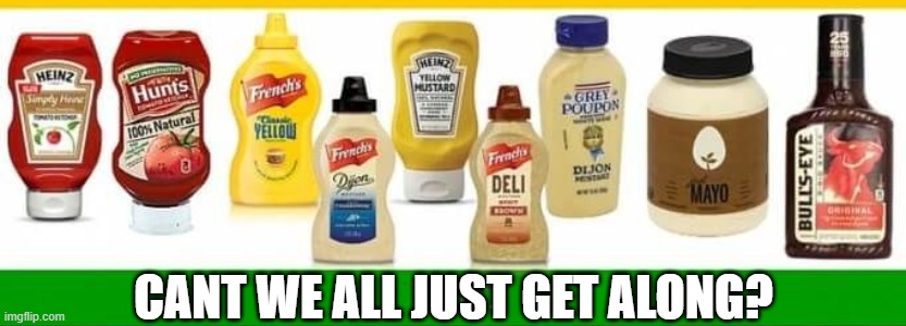 Mayo goes best with others. | CANT WE ALL JUST GET ALONG? | image tagged in memes,politics,funny,mayonnaise,maga | made w/ Imgflip meme maker