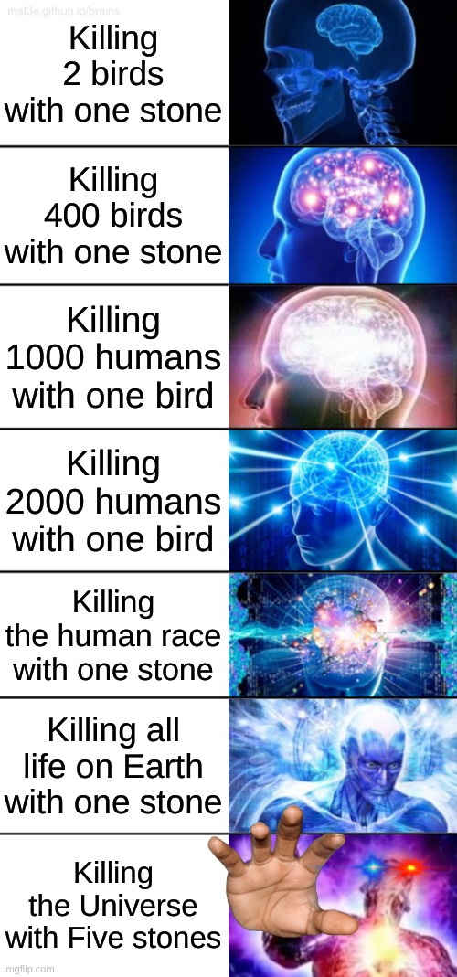 w o w | Killing 2 birds with one stone; Killing 400 birds with one stone; Killing 1000 humans with one bird; Killing 2000 humans with one bird; Killing the human race with one stone; Killing all life on Earth with one stone; Killing the Universe with Five stones | image tagged in 7-tier expanding brain,oh my god | made w/ Imgflip meme maker