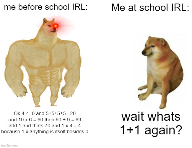 Buff Doge vs. Cheems | me before school IRL:; Me at school IRL:; Ok 4-4=0 and 5+5+5+5= 20 and 10 x 6 = 60 then 60 + 9 = 69 add 1 and thats 70 and 1 x 4 = 4 because 1 x anything is itself besides 0; wait whats 1+1 again? | image tagged in memes,buff doge vs cheems | made w/ Imgflip meme maker
