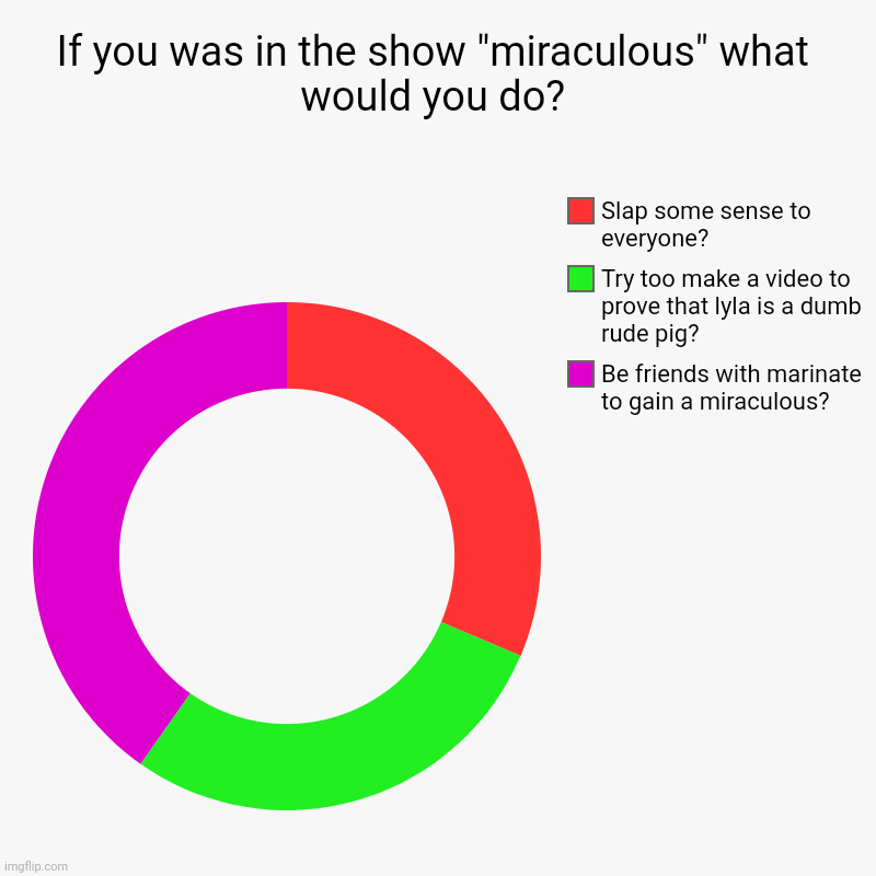 If you was in the show "miraculous" what would you do? | Be friends with marinate to gain a miraculous?, Try too make a video to prove that  | image tagged in charts,donut charts | made w/ Imgflip chart maker