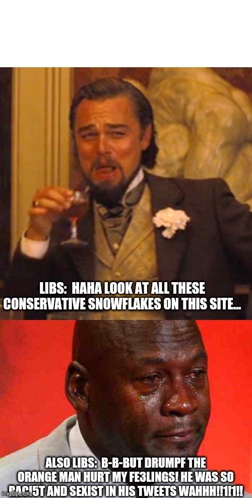 Lib double standard | LIBS:  HAHA LOOK AT ALL THESE CONSERVATIVE SNOWFLAKES ON THIS SITE... ALSO LIBS:  B-B-BUT DRUMPF THE ORANGE MAN HURT MY FE3LINGS! HE WAS SO RACI5T AND SEXIST IN HIS TWEETS WAHHH!!1!1!! | image tagged in leonardo dicaprio django laugh,crying michael jordan,liberals,politics | made w/ Imgflip meme maker