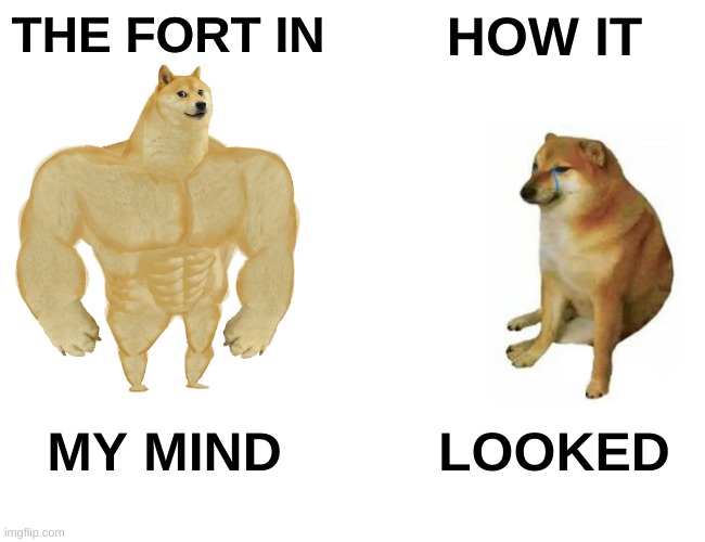 I NEVER MAKE A GOOD FORT | THE FORT IN; HOW IT; MY MIND; LOOKED | image tagged in memes,buff doge vs cheems | made w/ Imgflip meme maker