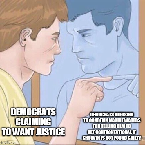 Pointing mirror guy | DEMOCRATS REFUSING TO CONDEMN MAXINE WATERS FOR TELLING BLM TO GET CONFRONTATIONAL IF CHAUVIN IS NOT FOUND GUILTY; DEMOCRATS CLAIMING TO WANT JUSTICE | image tagged in pointing mirror guy | made w/ Imgflip meme maker
