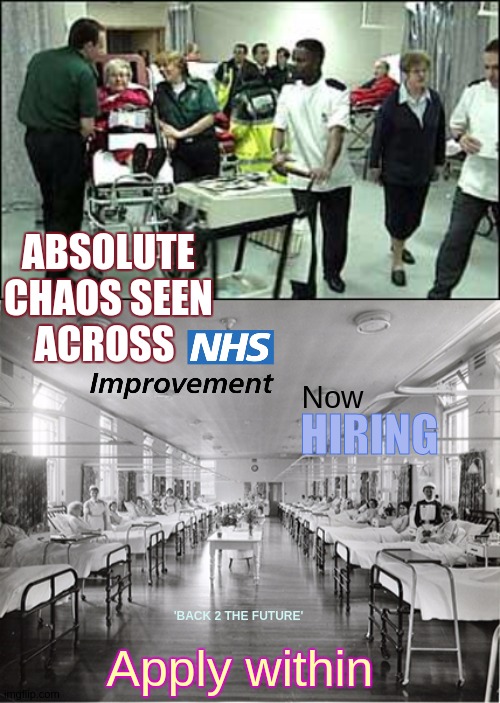 ABSOLUTE CHAOS SEEN ACROSS; HIRING; Now; 'BACK 2 THE FUTURE'; Apply within | image tagged in customer service,caring,service,service industry,public service announcement,nhs | made w/ Imgflip meme maker