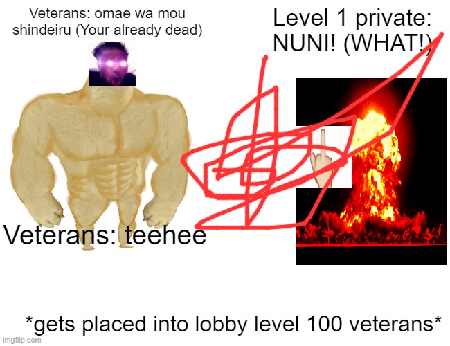 Buff Doge vs. Cheems | Veterans: omae wa mou shindeiru (Your already dead); Level 1 private: NUNI! (WHAT!); Veterans: teehee; *gets placed into lobby level 100 veterans* | image tagged in memes,buff doge vs cheems | made w/ Imgflip meme maker