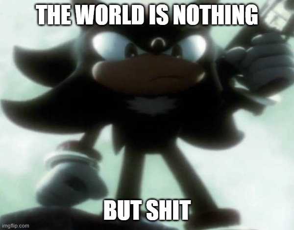 the world is nothing but shit | THE WORLD IS NOTHING; BUT SHIT | image tagged in shadow the hedgehog,edgy,gun,the world | made w/ Imgflip meme maker