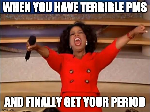 PMS | WHEN YOU HAVE TERRIBLE PMS; AND FINALLY GET YOUR PERIOD | image tagged in memes,oprah you get a | made w/ Imgflip meme maker