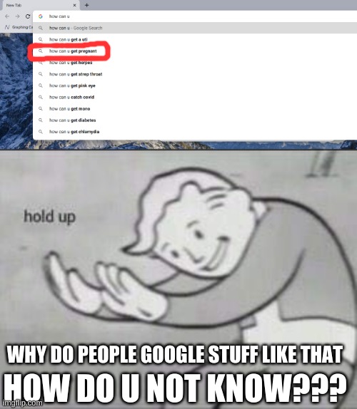 How do u??? | WHY DO PEOPLE GOOGLE STUFF LIKE THAT; HOW DO U NOT KNOW??? | image tagged in fallout hold up,pregnant | made w/ Imgflip meme maker