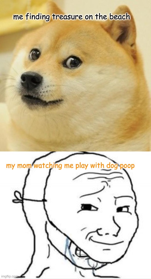 deffe | me finding treasure on the beach; my mom watching me play with dog poop | image tagged in memes,doge,crying happy mask | made w/ Imgflip meme maker