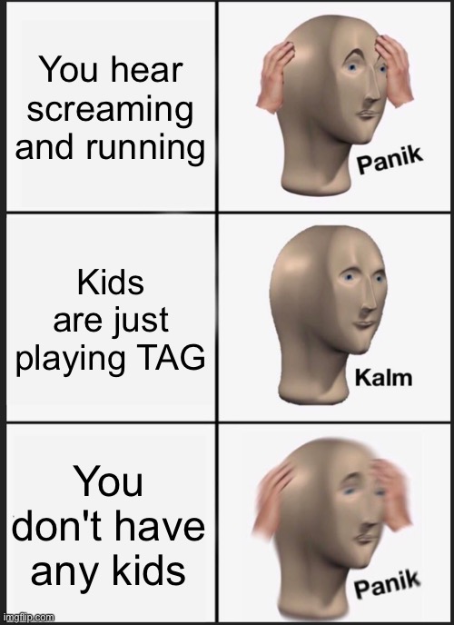 Panik Kalm Panik | You hear screaming and running; Kids are just playing TAG; You don't have any kids | image tagged in memes,panik kalm panik | made w/ Imgflip meme maker