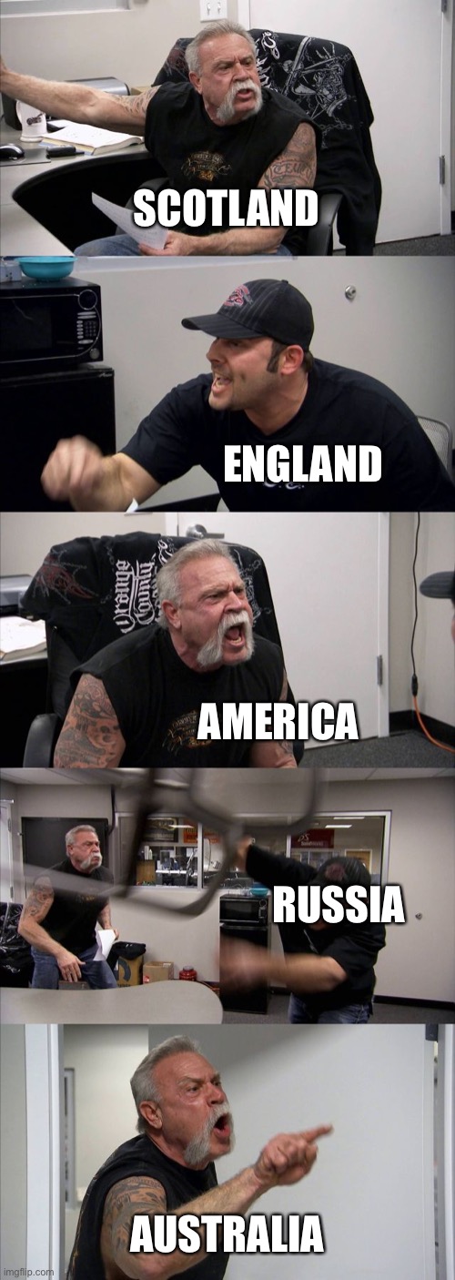 American Chopper Argument | SCOTLAND; ENGLAND; AMERICA; RUSSIA; AUSTRALIA | image tagged in memes,american chopper argument | made w/ Imgflip meme maker