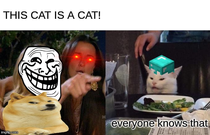 the funniez | THIS CAT IS A CAT! everyone knows that | image tagged in memes,woman yelling at cat | made w/ Imgflip meme maker