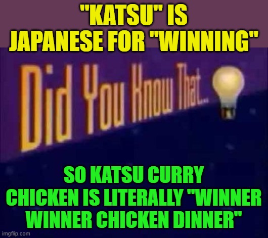 The more you know... | "KATSU" IS JAPANESE FOR "WINNING"; SO KATSU CURRY CHICKEN IS LITERALLY "WINNER WINNER CHICKEN DINNER" | image tagged in did you know that | made w/ Imgflip meme maker