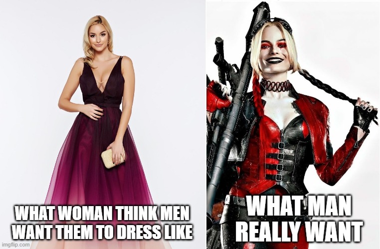 Harley Quinn is the best | WHAT MAN REALLY WANT; WHAT WOMAN THINK MEN WANT THEM TO DRESS LIKE | image tagged in harley quinn,joker,dc | made w/ Imgflip meme maker