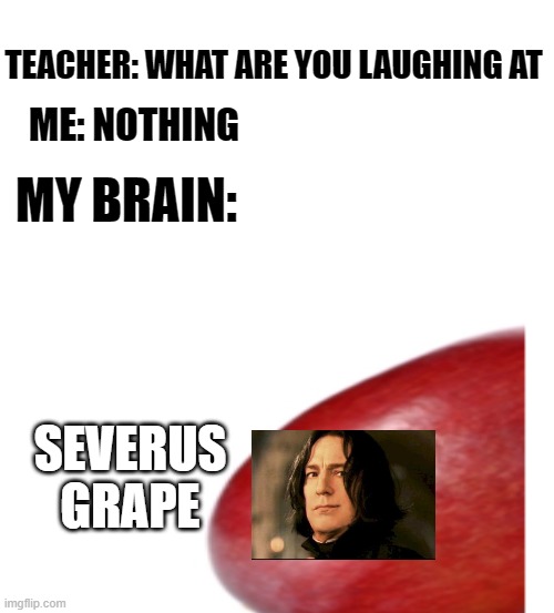 TEACHER: WHAT ARE YOU LAUGHING AT; ME: NOTHING; MY BRAIN:; SEVERUS GRAPE | image tagged in severus snape | made w/ Imgflip meme maker