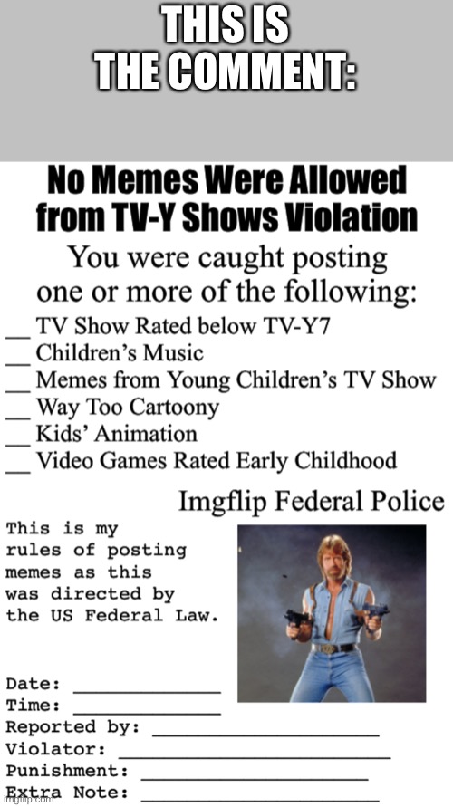 No Memes Were Allowed from TV-Y Shows Violation | THIS IS THE COMMENT: | image tagged in no memes were allowed from tv-y shows violation | made w/ Imgflip meme maker