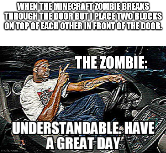UNDERSTANDABLE, HAVE A GREAT DAY | WHEN THE MINECRAFT ZOMBIE BREAKS THROUGH THE DOOR BUT I PLACE TWO BLOCKS ON TOP OF EACH OTHER IN FRONT OF THE DOOR. THE ZOMBIE: | image tagged in understandable have a great day | made w/ Imgflip meme maker