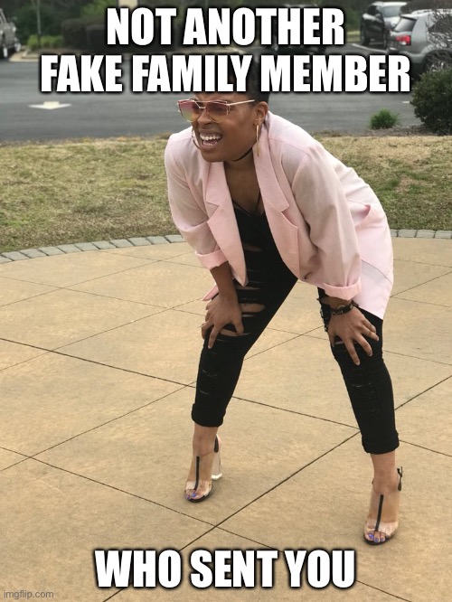 Black woman squinting | NOT ANOTHER FAKE FAMILY MEMBER; WHO SENT YOU | image tagged in black woman squinting | made w/ Imgflip meme maker