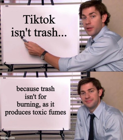 Jim Halpert Explains | Tiktok isn't trash... because trash isn't for burning, as it produces toxic fumes | image tagged in jim halpert explains | made w/ Imgflip meme maker