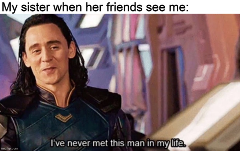 I’ve never met this man in my life |  My sister when her friends see me: | image tagged in i ve never met this man in my life,memes,siblings | made w/ Imgflip meme maker