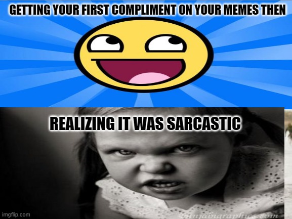 mad baby | GETTING YOUR FIRST COMPLIMENT ON YOUR MEMES THEN; REALIZING IT WAS SARCASTIC | image tagged in memes | made w/ Imgflip meme maker