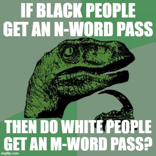 I mean if we're gonna treat it that way then it's only logical | IF BLACK PEOPLE GET AN N-WORD PASS; THEN DO WHITE PEOPLE GET AN M-WORD PASS? | image tagged in memes,philosoraptor,racism | made w/ Imgflip meme maker