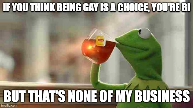 Kermit sipping tea | IF YOU THINK BEING GAY IS A CHOICE, YOU'RE BI; BUT THAT'S NONE OF MY BUSINESS | image tagged in kermit sipping tea | made w/ Imgflip meme maker