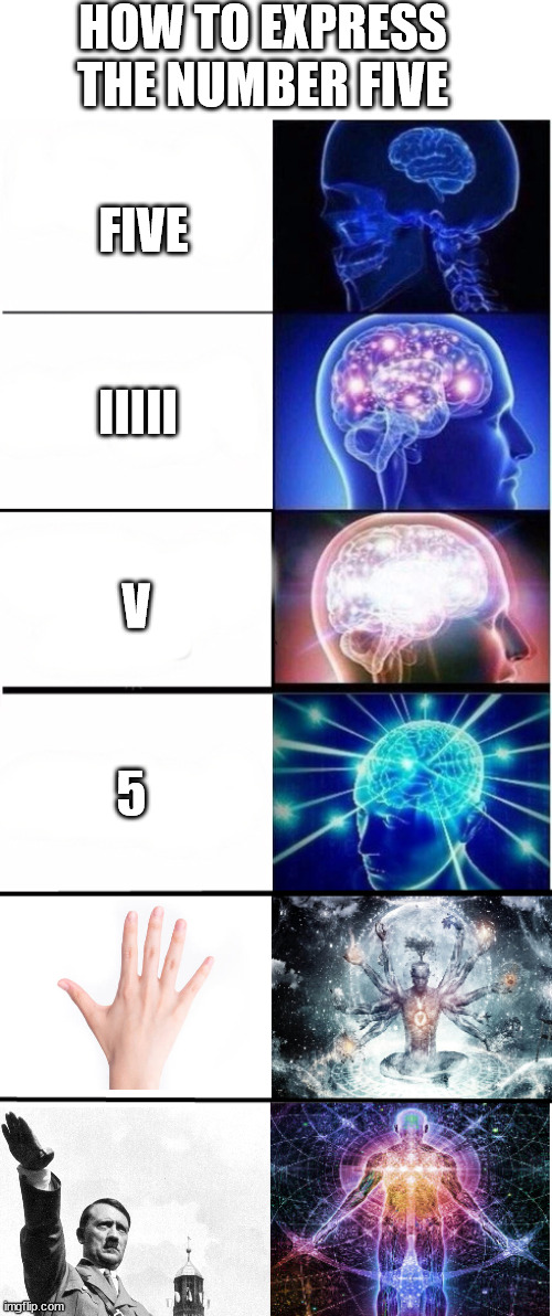 the number five | HOW TO EXPRESS THE NUMBER FIVE; FIVE; IIIII; V; 5 | image tagged in hitler,memes,numbers,hands | made w/ Imgflip meme maker