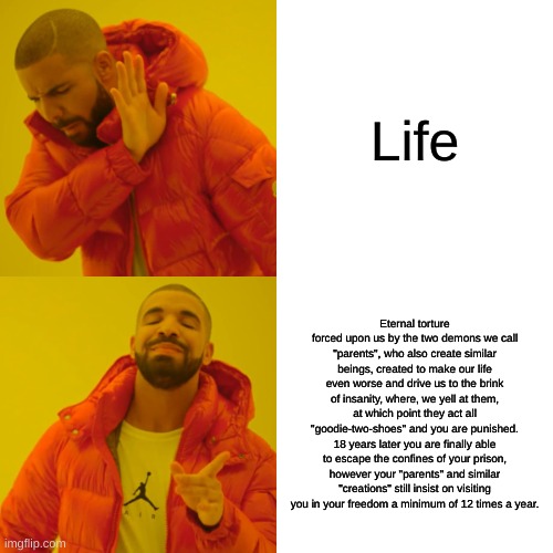 Drake Hotline Bling | Life; Eternal torture forced upon us by the two demons we call "parents", who also create similar beings, created to make our life even worse and drive us to the brink of insanity, where, we yell at them, at which point they act all "goodie-two-shoes" and you are punished. 18 years later you are finally able to escape the confines of your prison, however your "parents" and similar "creations" still insist on visiting you in your freedom a minimum of 12 times a year. | image tagged in memes,drake hotline bling | made w/ Imgflip meme maker