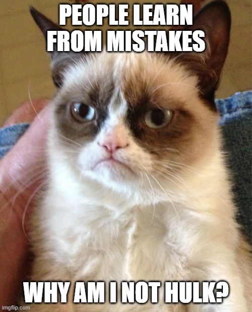 Grumpy Cat Meme | PEOPLE LEARN FROM MISTAKES; WHY AM I NOT HULK? | image tagged in memes,grumpy cat,lol,marvel,stupid | made w/ Imgflip meme maker
