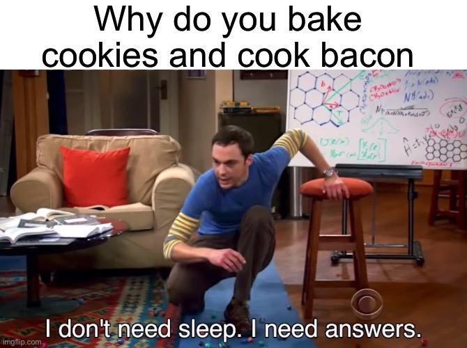 . | Why do you bake cookies and cook bacon | image tagged in i don't need sleep i need answers | made w/ Imgflip meme maker