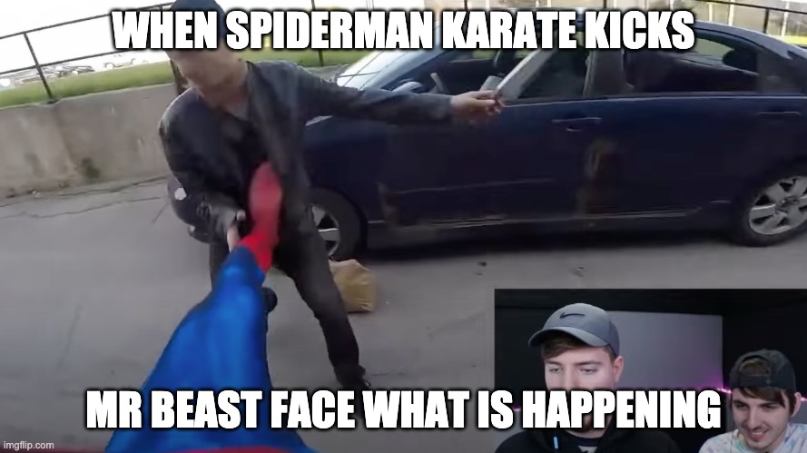 Confustion is in the air | WHEN SPIDERMAN KARATE KICKS; MR BEAST FACE WHAT IS HAPPENING | image tagged in mr beast,video games,youtube,funny memes,oh my god,that crazy | made w/ Imgflip meme maker