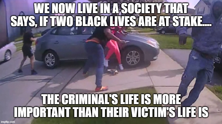 Take a second to let that sink in... | WE NOW LIVE IN A SOCIETY THAT SAYS, IF TWO BLACK LIVES ARE AT STAKE.... THE CRIMINAL'S LIFE IS MORE IMPORTANT THAN THEIR VICTIM'S LIFE IS | image tagged in criminal,victim,justified shooting,blm | made w/ Imgflip meme maker