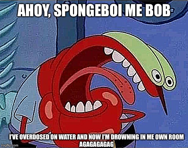Oh yeah, Mr. Krabs | AHOY, SPONGEBOI ME BOB; I’VE OVERDOSED ON WATER AND NOW I’M DROWNING IN ME OWN ROOM
AGAGAGAGAG | image tagged in ahoy spongebob,spongeboy me bob,mr krabs | made w/ Imgflip meme maker