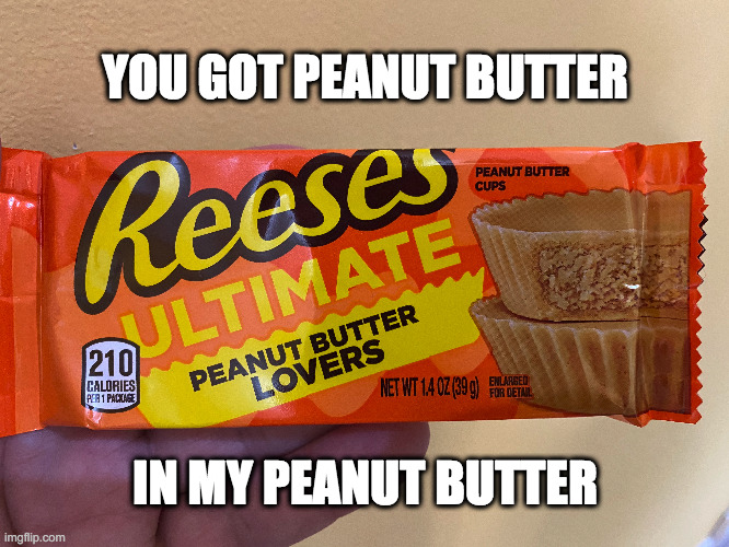 Really? | YOU GOT PEANUT BUTTER; IN MY PEANUT BUTTER | image tagged in funny memes,yummy | made w/ Imgflip meme maker