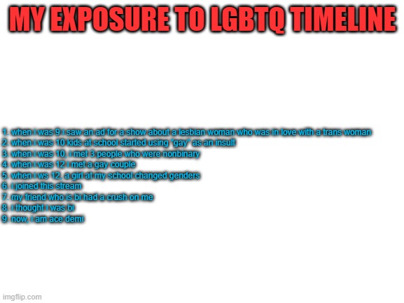 i know its old | MY EXPOSURE TO LGBTQ TIMELINE; 1. when i was 9 i saw an ad for a show about a lesbian woman who was in love with a trans woman
2. when i was 10 kids at school started using "gay" as an insult
3. when i was 10, i met 3 people who were nonbinary
4. when i was 12 i met a gay couple
5. when i ws 12, a girl at my school changed genders
6. i joined this stream
7. my friend who is bi had a crush on me
8. i thought i was bi
9. now, i am ace demi | image tagged in blank white template | made w/ Imgflip meme maker