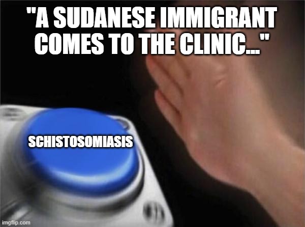 Blank Nut Button Meme | "A SUDANESE IMMIGRANT COMES TO THE CLINIC..."; SCHISTOSOMIASIS | image tagged in memes,blank nut button,step1 | made w/ Imgflip meme maker