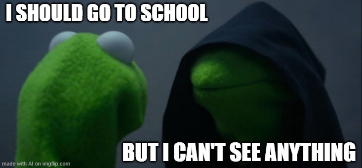 Evil Kermit | I SHOULD GO TO SCHOOL; BUT I CAN'T SEE ANYTHING | image tagged in memes,evil kermit | made w/ Imgflip meme maker