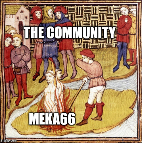 Burning at the stake | THE COMMUNITY; MEKA66 | image tagged in burning at the stake | made w/ Imgflip meme maker