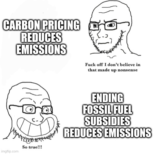 I don't believe in that made up nonsense. So true! | CARBON PRICING
REDUCES
EMISSIONS; ENDING FOSSIL FUEL SUBSIDIES REDUCES EMISSIONS | image tagged in i don't believe in that made up nonsense so true | made w/ Imgflip meme maker
